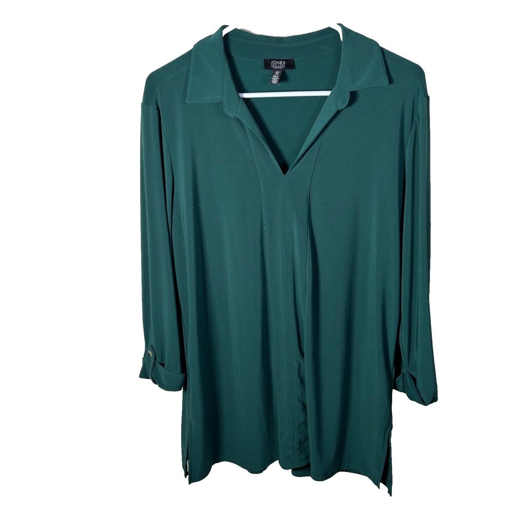 Jones New York Blouse Women's Large Green V-Neck Collared 3/4 Sleeve Top